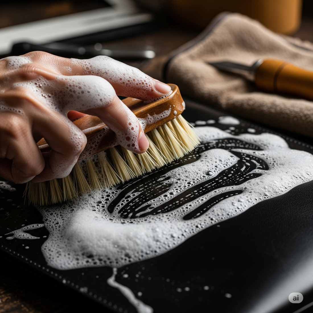 Sac à main en cuir de selle recyclé de couleur noir posé sur un chiffon en coton.